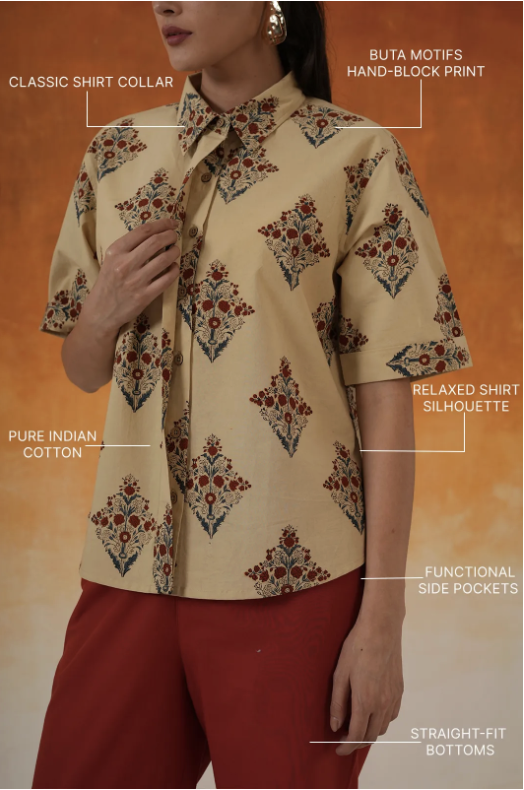 World Of Toji- Buta Ajrakh Cotton Shirt - Ivory - Image 2