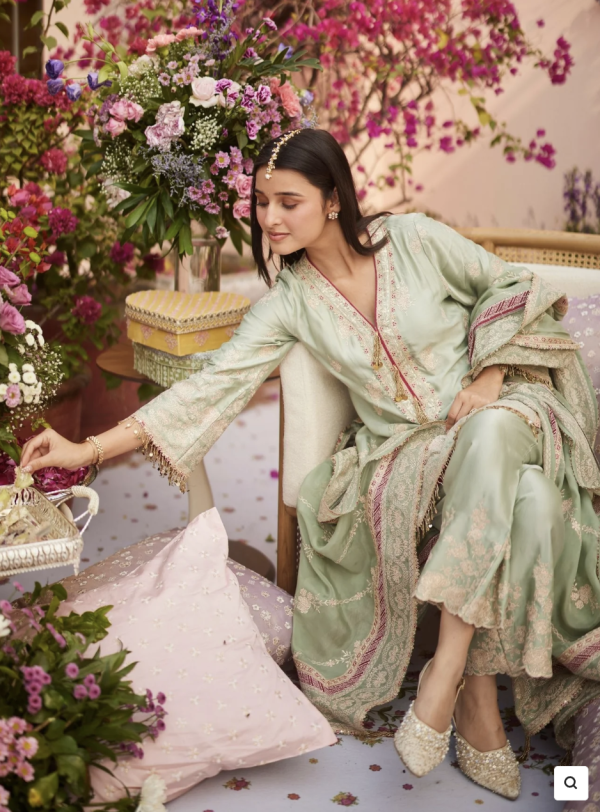 Shop Mulmul- Saaj Cupro Satin Sage Green Kurta Set