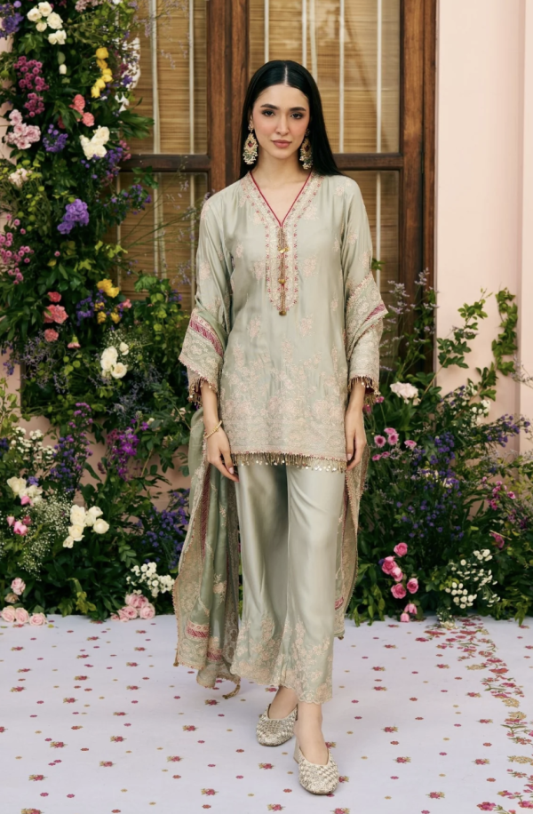 Shop Mulmul- Saaj Cupro Satin Sage Green Kurta Set