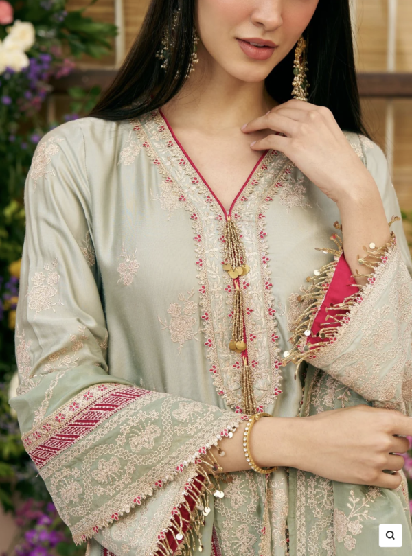 Shop Mulmul- Saaj Cupro Satin Sage Green Kurta Set