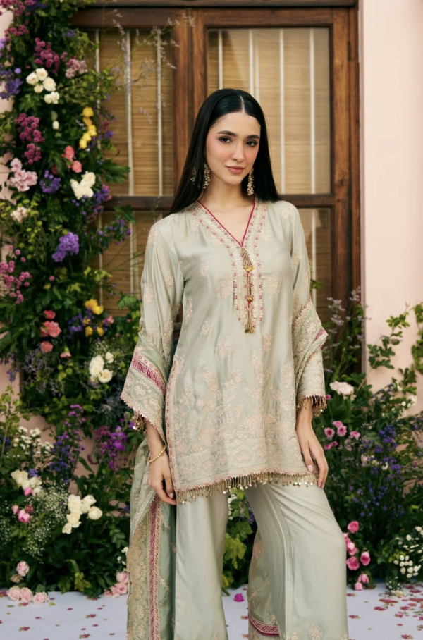 Shop Mulmul- Saaj Cupro Satin Sage Green Kurta Set